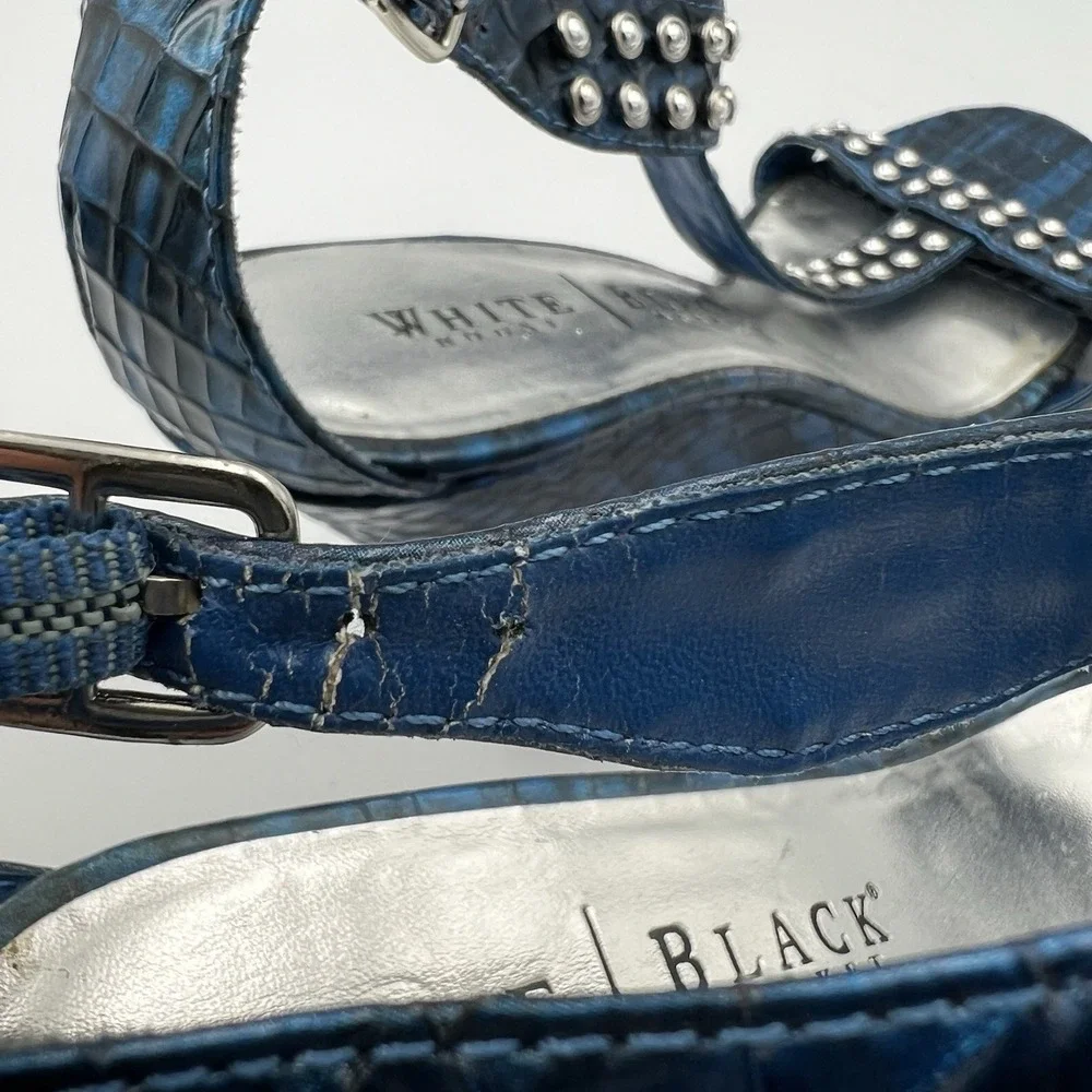 White House Black Market Paris Blue Studded Ankle Strap Wedges‎ Size 9.5